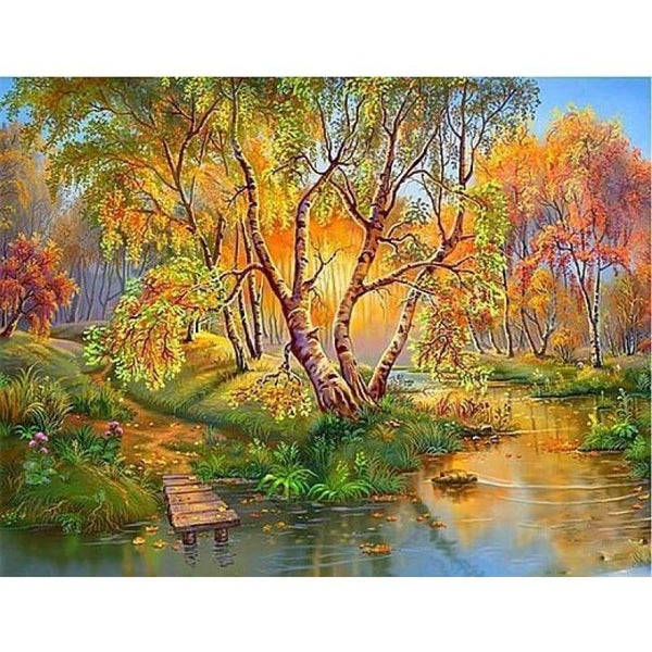 Landscape Autumn Tree Lake Pattern Diy Full Drill - 5D Crystal Diamond Painting Kits VM20031 - NEEDLEWORK KITS