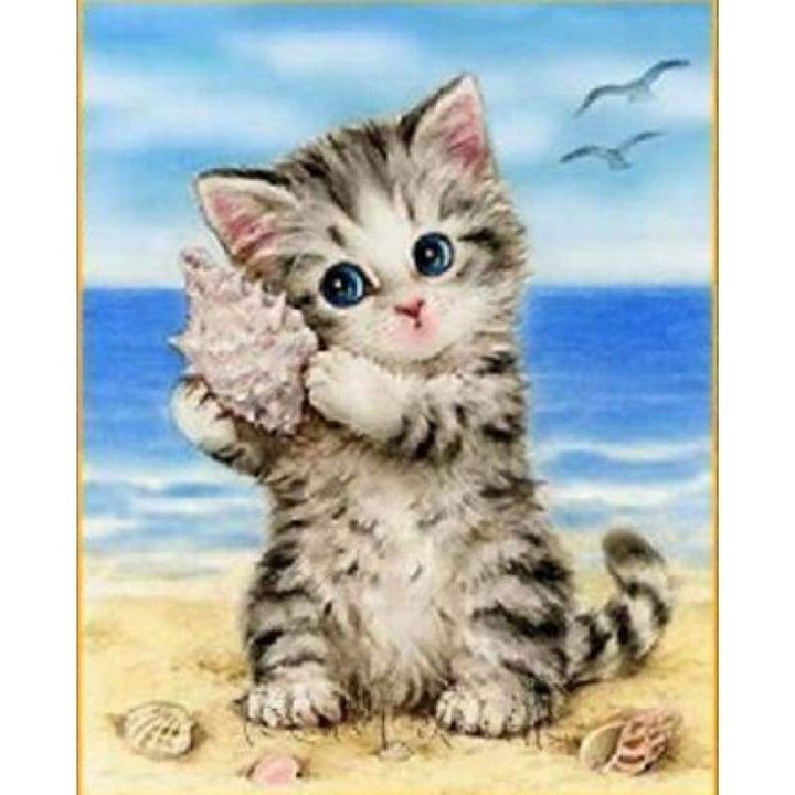 New Hot Sale Cute Kitten And Conch On Beach Diy Full Drill - 5D Cross Stitch Rhinestone Painting VM01199 - NEEDLEWORK KITS