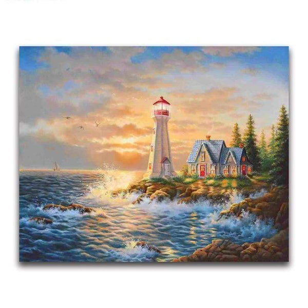 Oil Painting Style Lighthouse Pattern Diy Full Drill - 5D Diamond Painting Kits VM20217 - NEEDLEWORK KITS