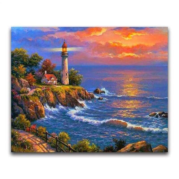 Oil Painting Style Lighthouse Pattern Diy Full Drill - 5D Diamond Painting Kits VM20223 - NEEDLEWORK KITS