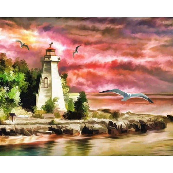 Oil Painting Style Lighthouse Scenery Diy Full Drill - 5D Diamond Painting Kits VM8028 - NEEDLEWORK KITS