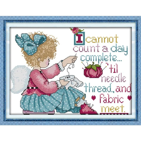 A girl with embroidered cross stitch 2