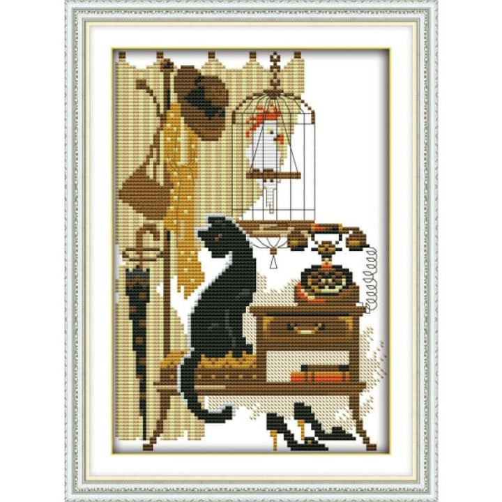 Black cat and parrot