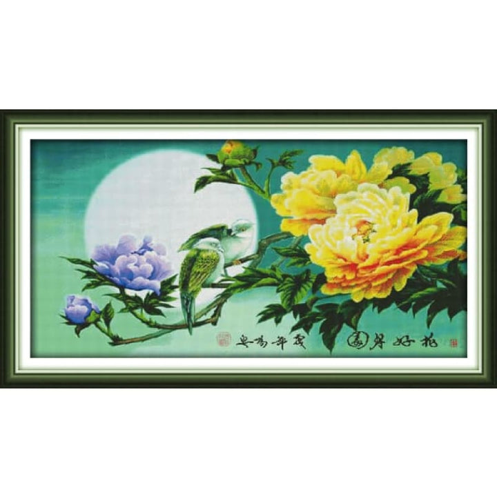 Blooming flowers and full moon (peony)