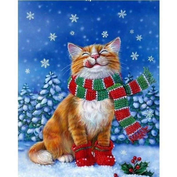 Full Drill - 5D DIY Diamond Painting Kits Winter Animal Cute Happy Cat - NEEDLEWORK KITS