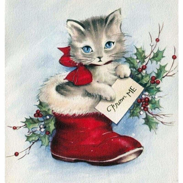 Full Drill - 5D DIY Diamond Painting Kits Winter Christmas Card Cat Inside Shoe - NEEDLEWORK KITS