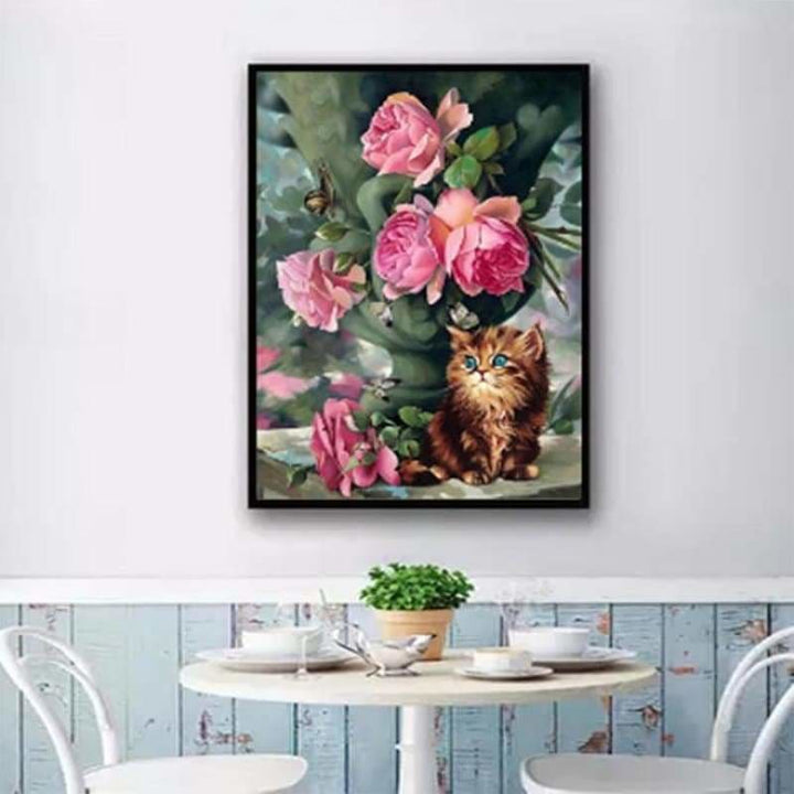 Full Drill - 5D Diamond Painting Kits Roses With Cat - 4