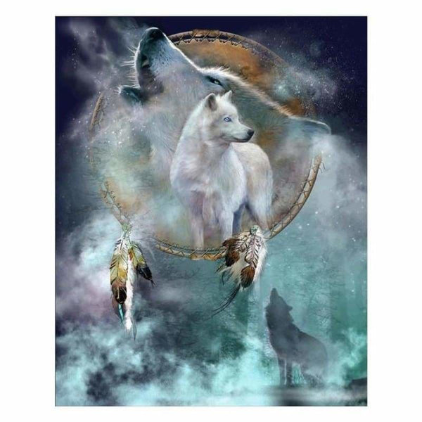 Colorful Feather Dream Catcher and Wolf 5D Diamond Painting