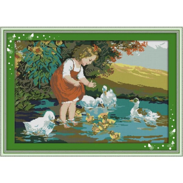 The little girl and ducks in pool